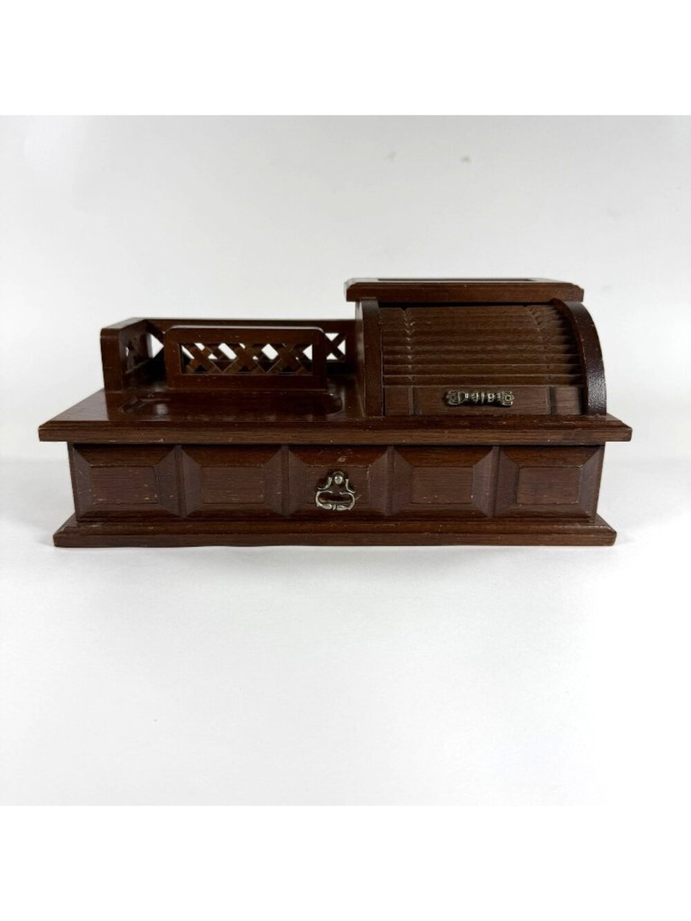 Vintage Men's Dresser Top Wooden Valet Jewelry Box Roll-Top Change Tray
